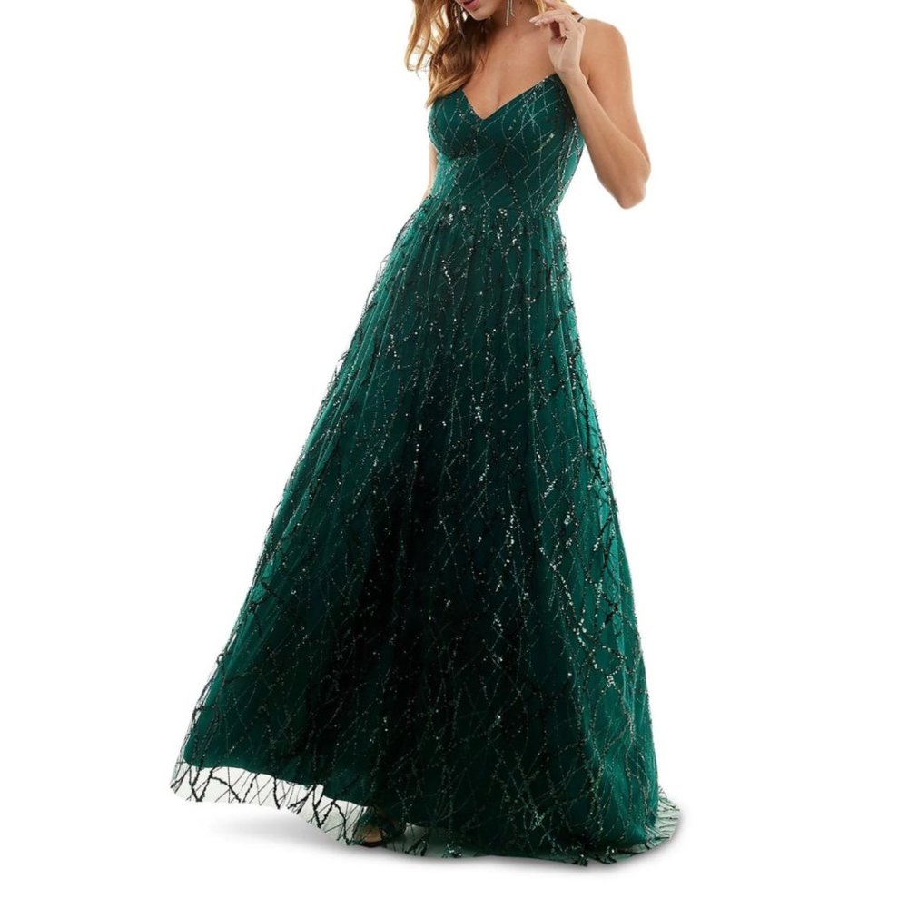 SAY YES TO THE PROM and Juniors Womens Mesh Embellished Evening Dress Hunter Gre